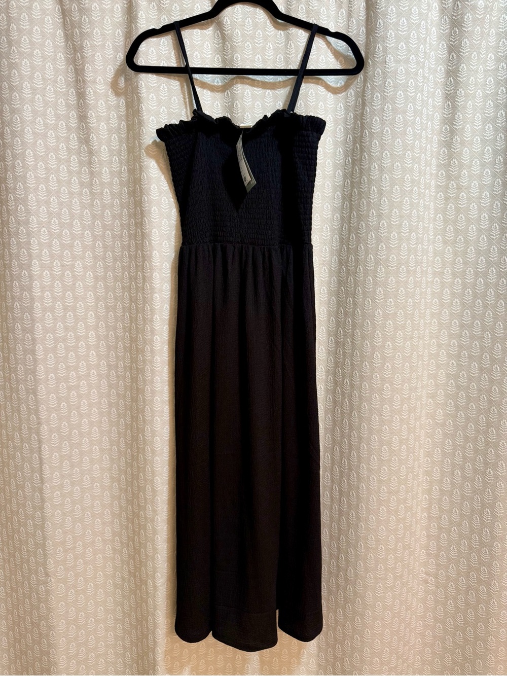 H&M Black Smocked Midi Slip Dress with Spaghetti Straps